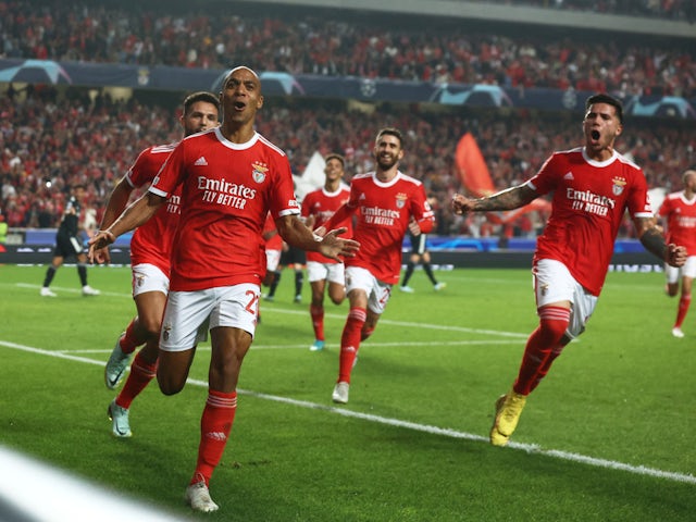Joao Mario celebrates scoring for Benfica against Juventus on October 25, 2022