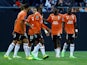 Lorient's Terem Moffi celebrates scoring their second goal with teammates on September 7, 2022