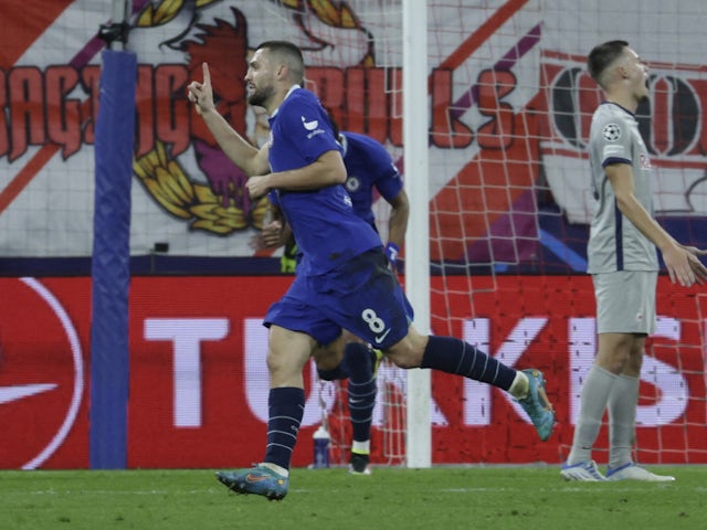 Chelsea midfielder Mateo Kovacic celebrates scoring against Red Bull Salzburg on October 25, 2022.