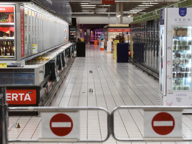 View of the supermarket at a shopping center where several people were injured, including Monza's Pablo Mari, after a stabbing incident in Assago on October 27, 2022