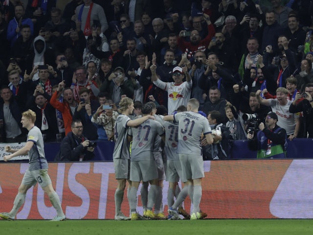 Red Bull Salzburg celebrate scoring against Chelsea on October 25, 2022.