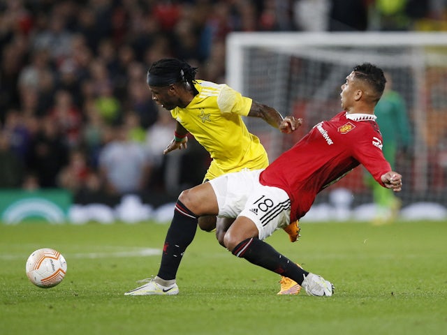 Sheriff Tiraspol's Cedric Badolo in action with Manchester United's Casemiro in the Europa League on October 27, 2022