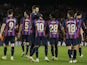 Barcelona players, including Gerard Pique, celebrate Frenkie de Jong's goal against Almeria on November 5, 2022