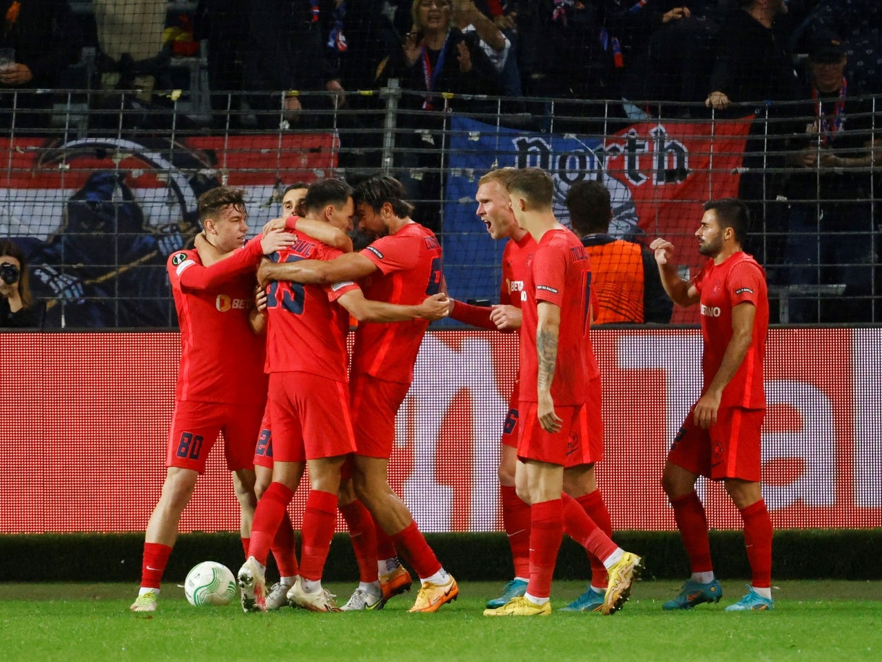 FCSB's Andrea Compagno celebrates scoring their first goal with ...