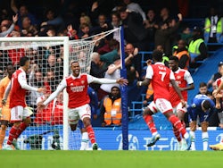 Gabriel Magalhaes celebrates scoring for Arsenal against Chelsea on November 6, 2022