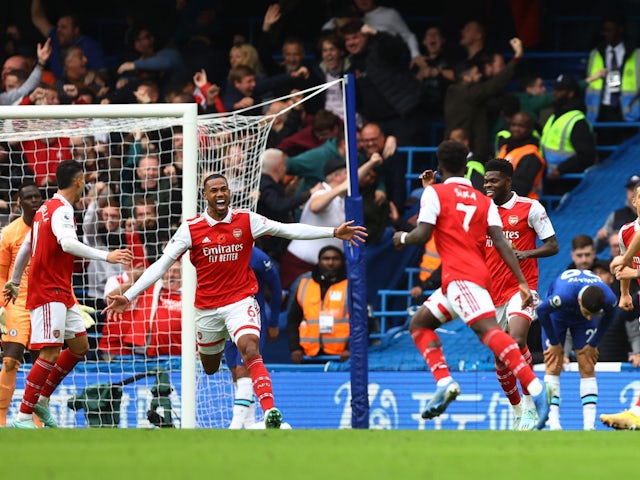 Gabriel Magalhaes celebrates scoring for Arsenal against Chelsea on November 6, 2022