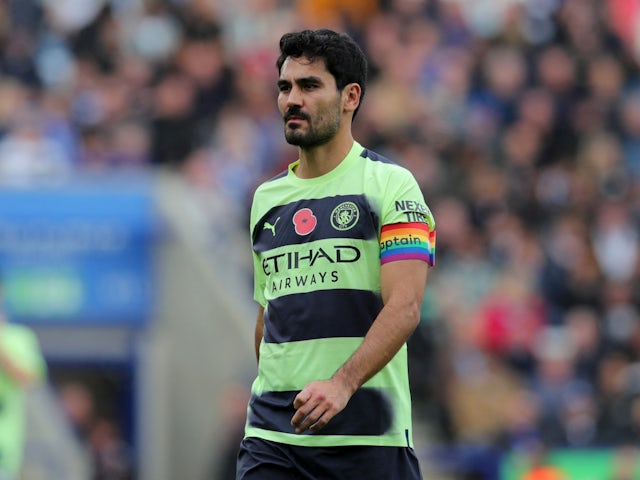 Manchester City's Ilkay Gundogan wears a rainbow coloured armband on October 29, 2022