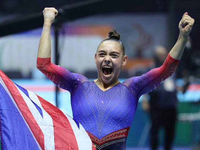 Jessica Gadirova celebrates becoming floor world champion on November 6, 2022
