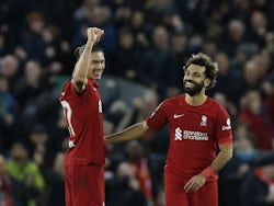 Liverpool's Darwin Nunez celebrates scoring their second goal with Mohamed Salah  on November 1, 2022