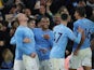 Manchester City's Erling Braut Haaland celebrates scoring their second goal with teammates on November 3, 2022