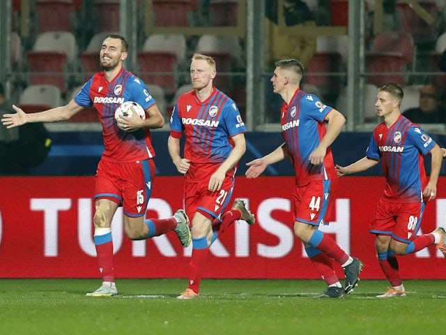 Viktoria Plzen's Tomas Chory celebrates scoring their first goal with teammates on November 1, 2022