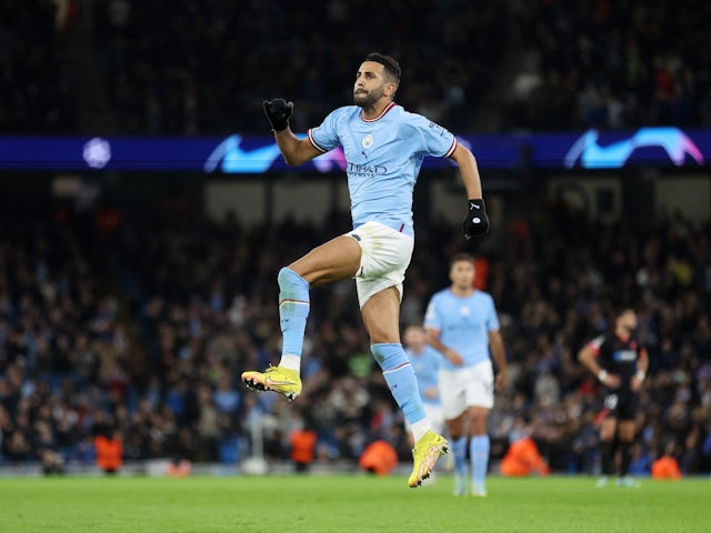 Riyad Mahrez celebrates scoring for Manchester City on November 2, 2022