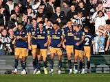 Newcastle United players celebrate Miguel Almiron's goal against Southampton on November 6, 2022