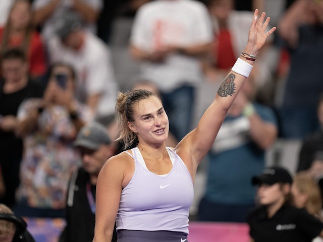 Aryna Sabalenka reacts to winning her semi final match against Iga Swiatek (POL) on day seven of the WTA Finals at Dickies Arena on November 7, 2022