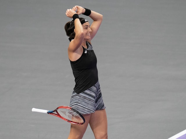 Caroline Garcia (FRA) celebrates winning her match against Maria Sakkari (GRE) on day seven of the WTA Finals at Dickies Arena on November 6, 2022