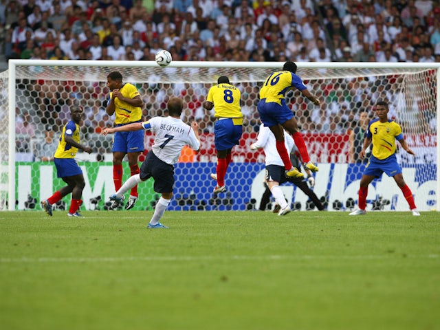 England's David Beckham scores against Ecuador at the 2006 World Cup on June 25, 2006