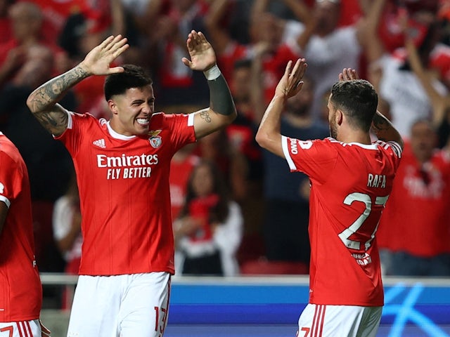 Benfica's Rafa Silva celebrates scoring their first goal with Enzo Fernandez on September 6, 2022 
