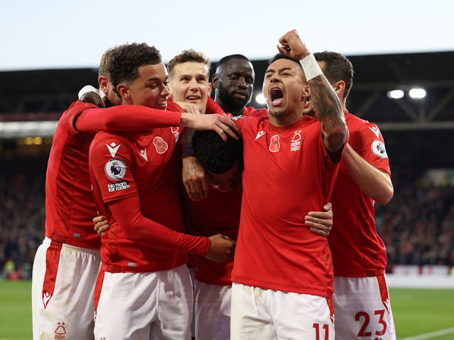 Nottingham Forest's Morgan Gibbs-White celebrates scoring their first goal with teammates on November 12, 2022