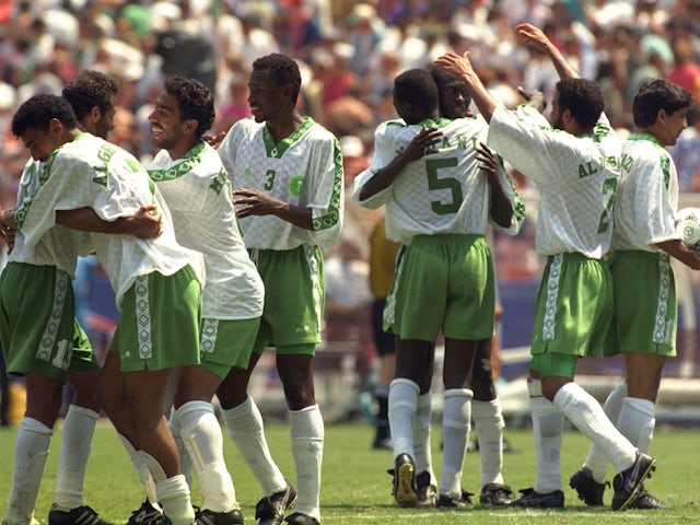 Saudi Arabia players celebrate Fuad Amin's goal at the 1994 World Cup on June 20, 1994