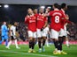 Manchester United players celebrate Christian Eriksen's goal against Fulham on November 13, 2022