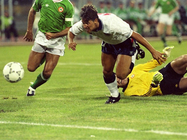 Gary Lineker scores the first goal for England at the 1990 World Cup