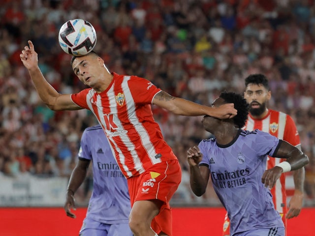 Almeria's Kaiky in action with Real Madrid's Vinicius Junior on August 14, 2022