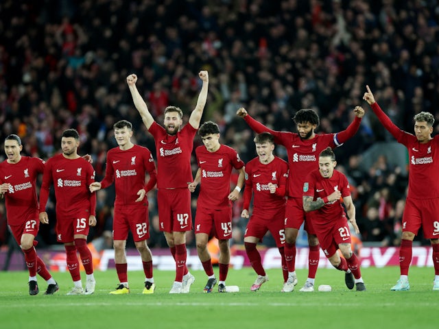  Liverpool players celebrate after winning the penalty shoot-out on November 9, 2022