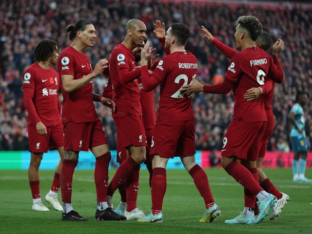 Liverpool's Darwin Nunez celebrates scoring their third goal with teammates on November 12, 2022