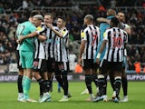 Newcastle United players celebrate beating Crystal Palace on penalties in the EFL Cup on November 9, 2022