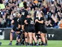 New Zealand's Georgia Ponsonby celebrates scoring a try with teammates on November 12, 2022