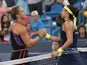 Caroline Garcia (FRA) at the net with Aryna Sabalenka (BLR) after their match at the Western & Southern Open at the Lindner Family Tennis Center in August 2022