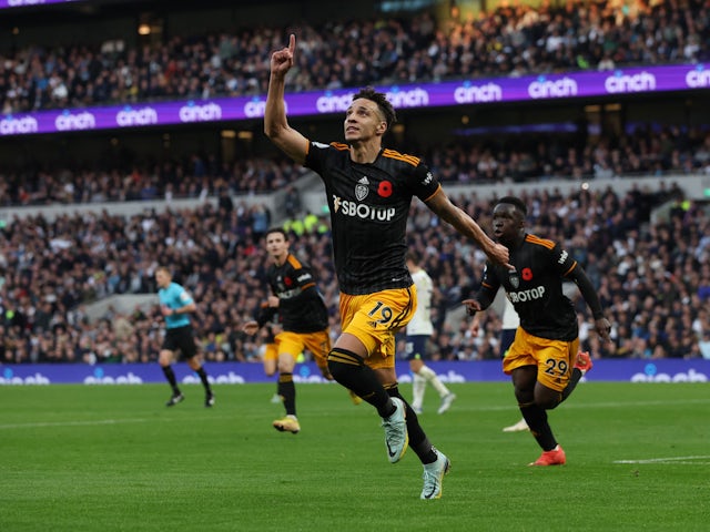 Leeds United's Rodrigo celebrates scoring against Tottenham Hotspur on November 12, 2022