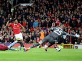 Manchester United's Anthony Martial scores against Aston Villa in the EFL Cup on November 10, 2022