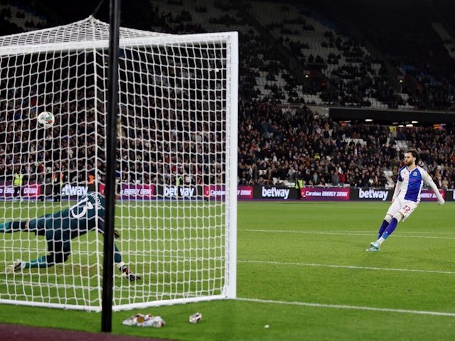 Blackburn Rovers' Ben Brereton Diaz scores a penalty against West Ham United on November 9, 2022