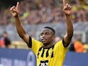 Borussia Dortmund's Youssoufa Moukoko celebrates scoring their fifth goal on October 22, 2022