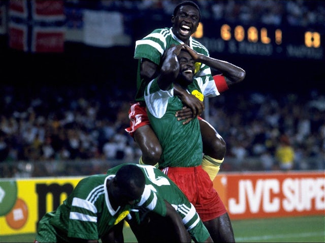 Cameroon players celebrate their goal at the 1990 World Cup