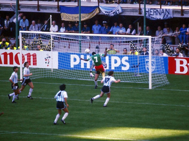 Cameroon's Omam Biyik scores at the 1990 World Cup