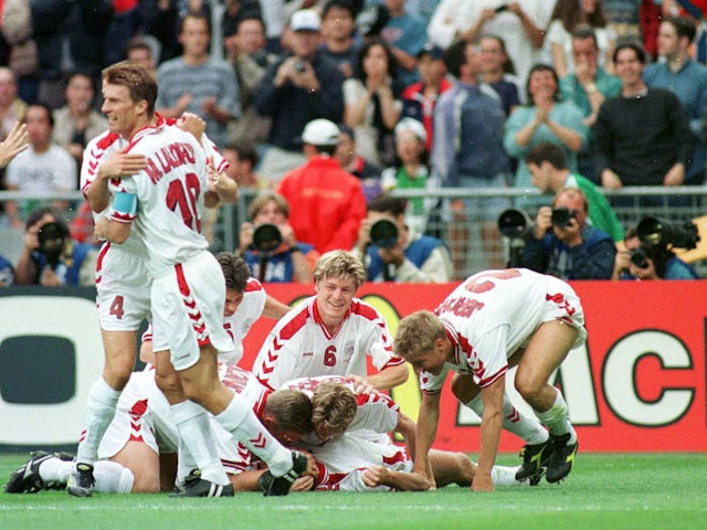 Denmark players celebrate a goal against Nigeria at the 1998 World Cup