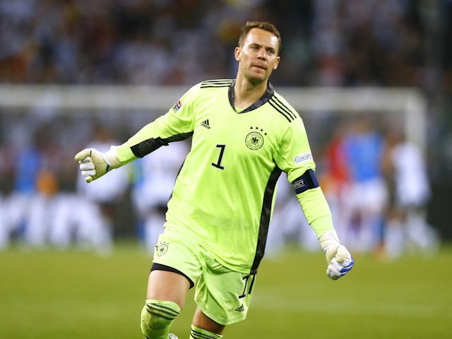 Germany's Manuel Neuer celebrates their fifth goal on June 14, 2022