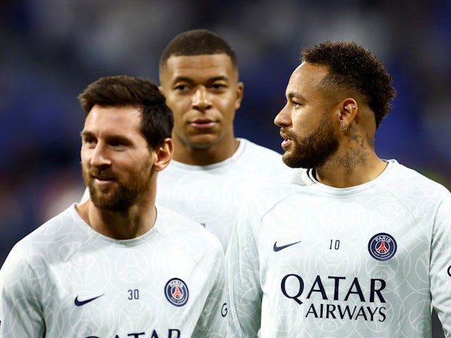Paris Saint-Germain's Neymar, Lionel Messi and Kylian Mbappe pictured before the match on September 18, 2022