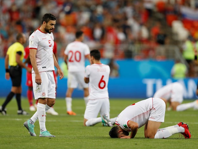 Tunisia's Yassine Meriah and Oussama Haddadi celebrate after the match against Panama at the 2018 World Cup
