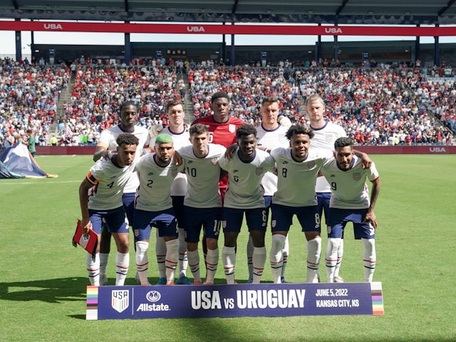 The USA starting eleven pose for a photo against Uruguay on the pitch prior to an international friendly soccer match at Children's Mercy Park in June 2022