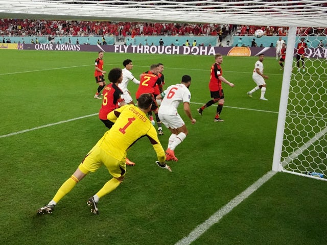 Morocco's Abdelhamid Sabiri scores against Belgium in their World Cup game on November 27, 2022.
