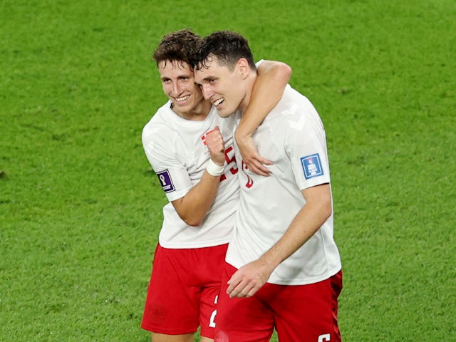 Andreas Christensen celebrates scoring for Denmark against France on November 26, 2022