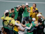 Australia celebrate beating Croatia in the Davis Cup semi-finals on November 25, 2022