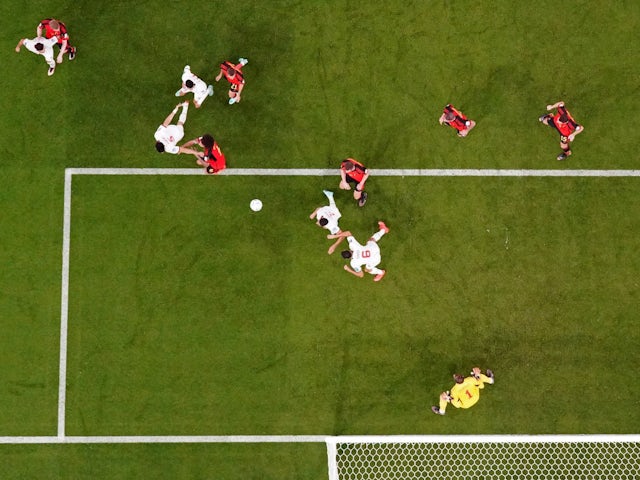 An aerial shot of Morocco's disallowed goal against Belgium in their World Cup game on November 27, 2022.