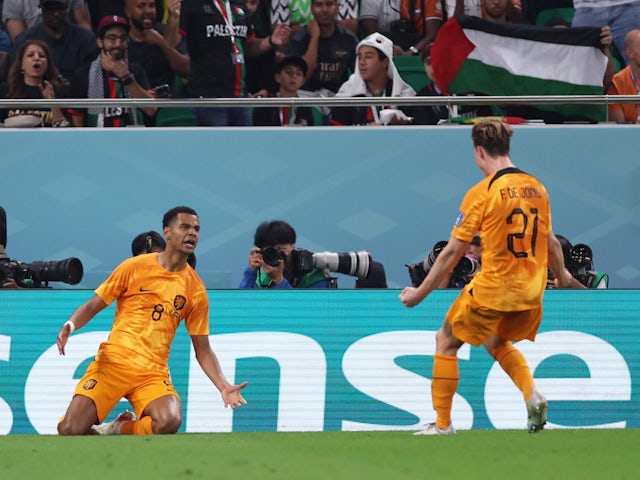 Cody Gakpo celebrates scoring for Netherlands against Senegal at the World Cup on November 21, 2022.