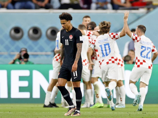 Croatia celebrate scoring a goal against Canada at the World Cup on November 27, 2022.