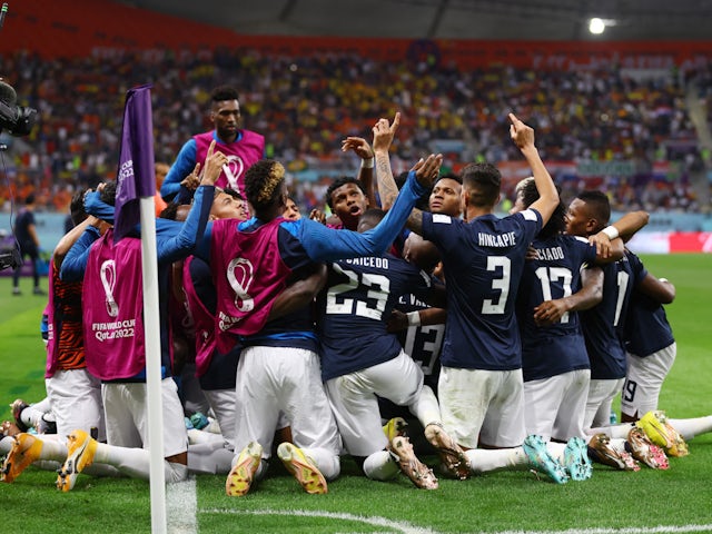 Ecuador celebrate their equaliser against Netherlands at the World Cup on November 25, 2022.