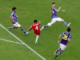 Costa Rica's Keysher Fuller scores against Japan at the World Cup on November 27, 2022